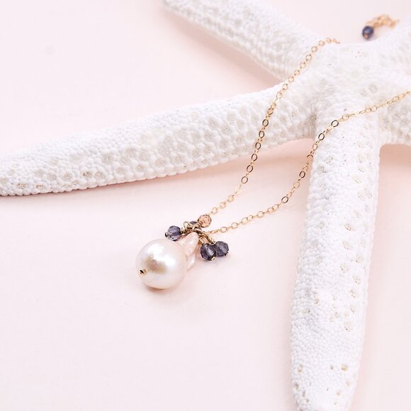 Extra Large White Baroque Pearl & 14k Gold Necklace | Lizzie  Baroque Pearl & Iolite Cluster Necklace, 14K Gold Filled
